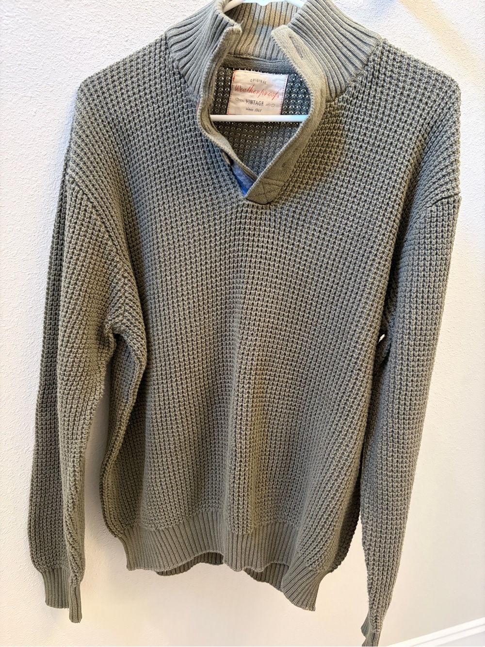 Weatherproof vintage Men's Olive Green Waffle Knit Sweater 100% cotton XXL